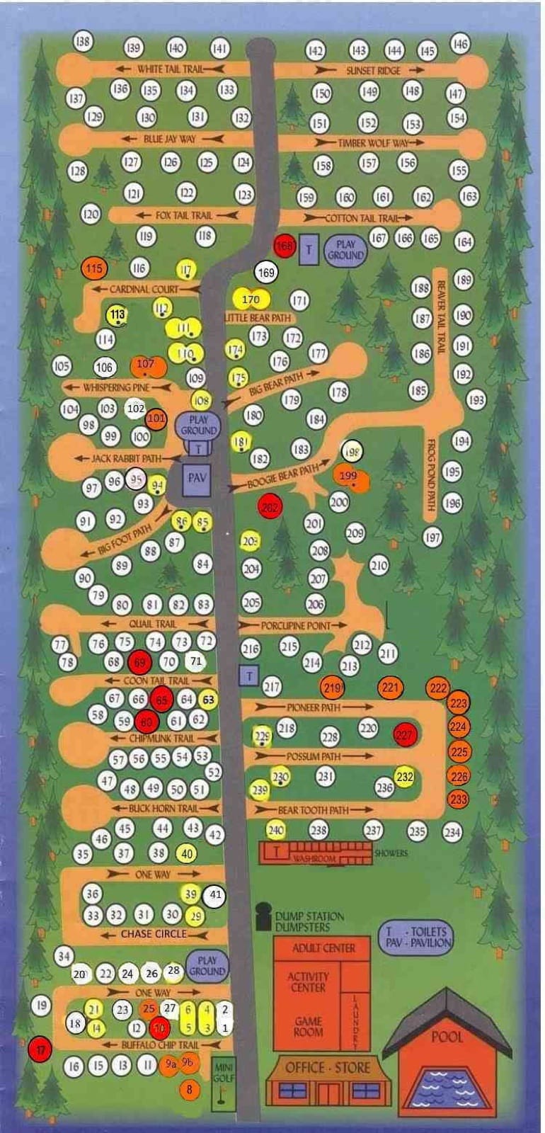 Illustrated map of Frontier Wilderness Campground showing the camping loops, numbered sites, cabins, pool, office, and playgrounds.